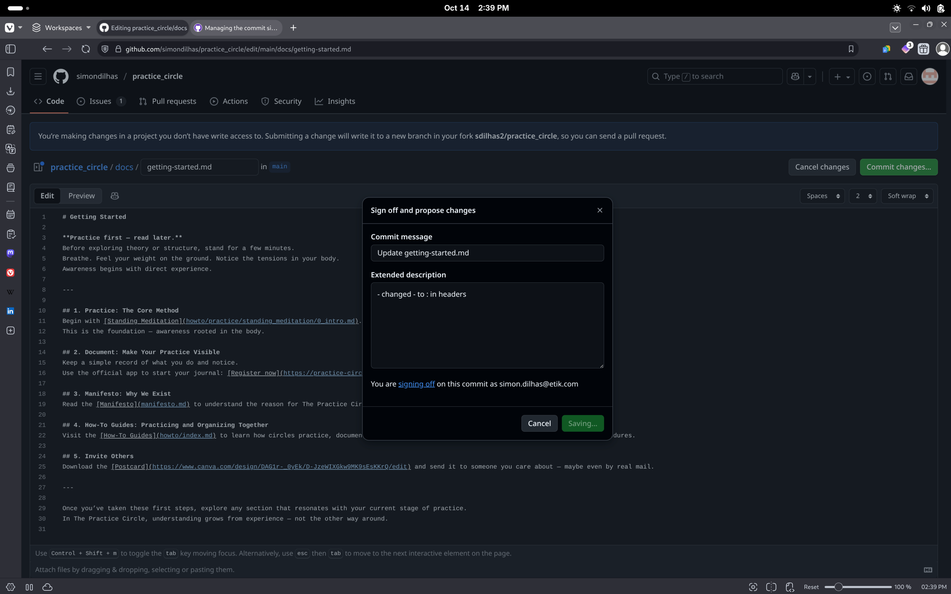 Commit changes form